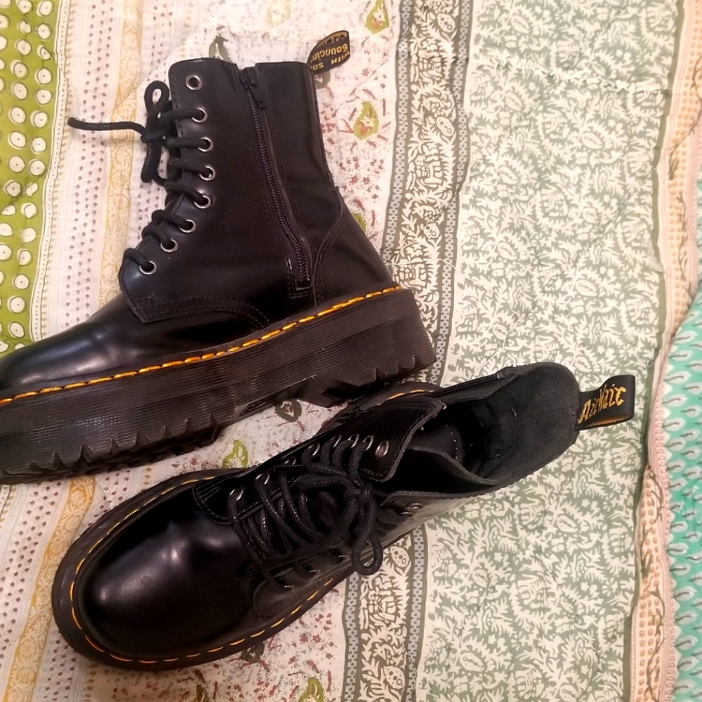 Dr. Martens Black Leather Platform Combat Boots with Yellow Stitching